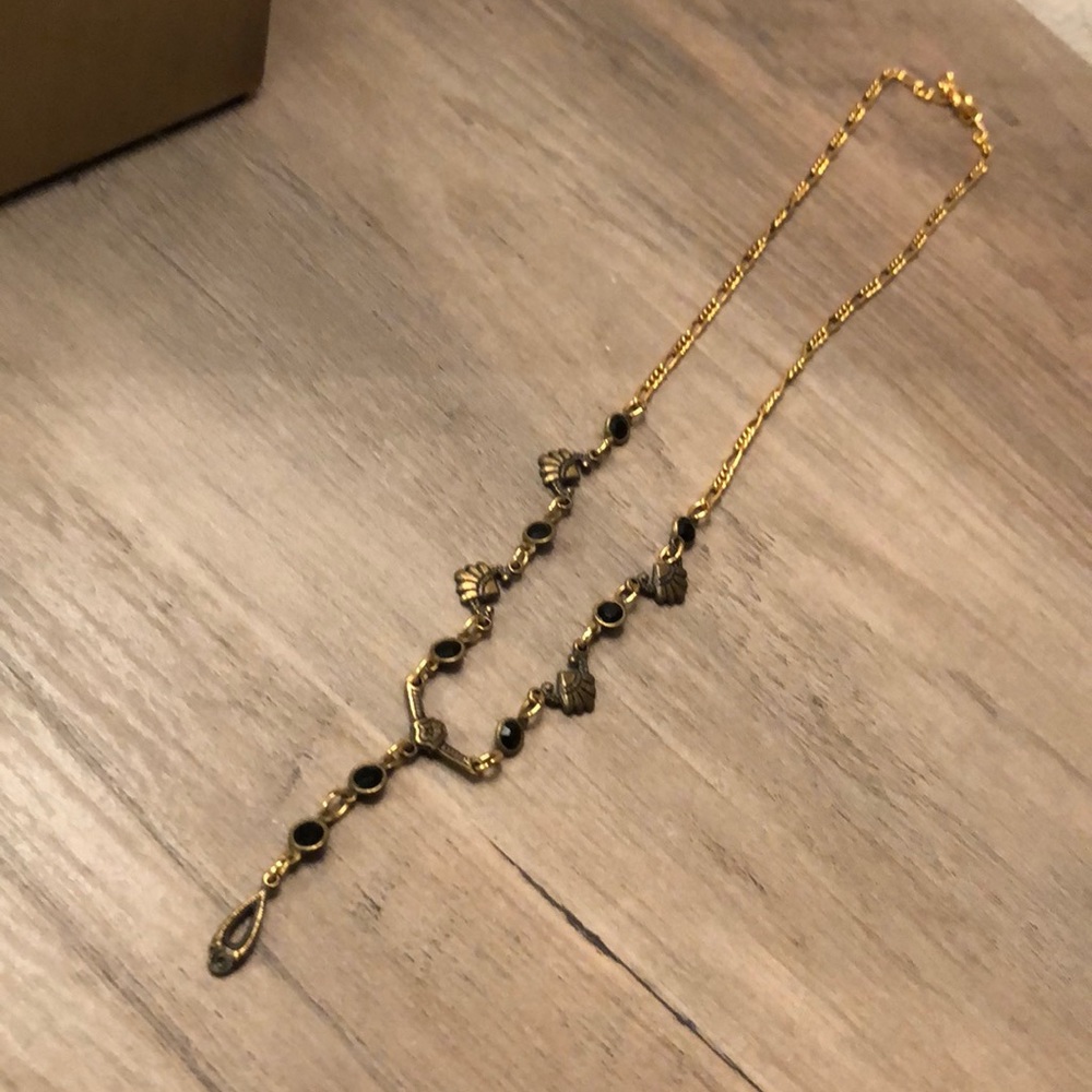 Gold shell and black bead tear drop necklace